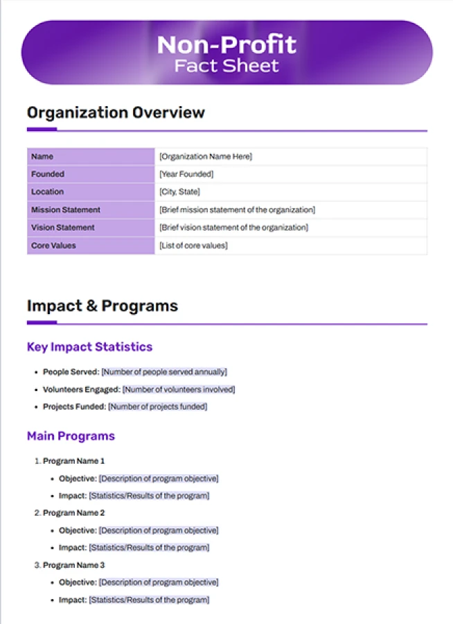 non-profit fact sheet template
