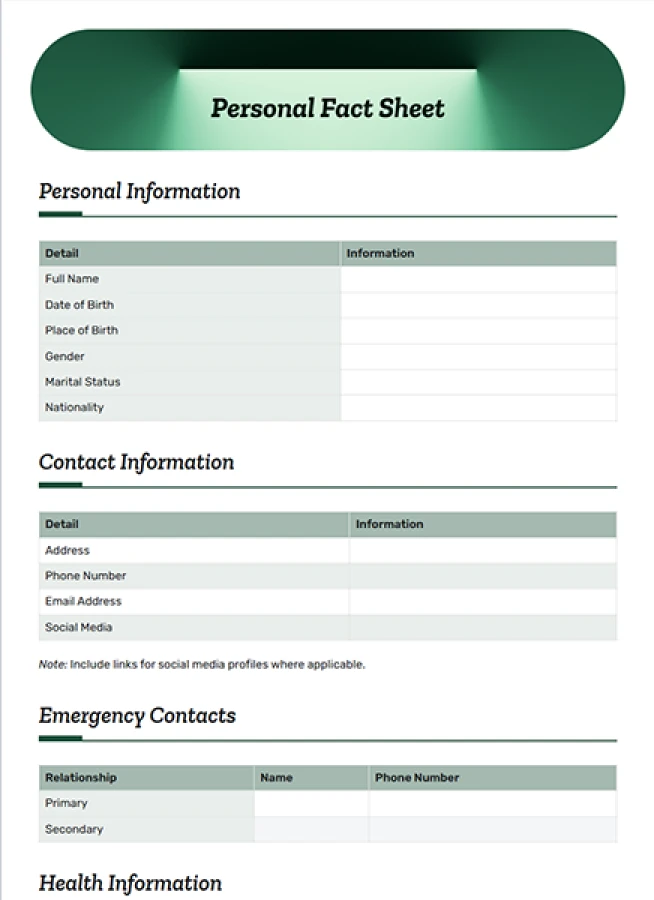 personal fact sheet template