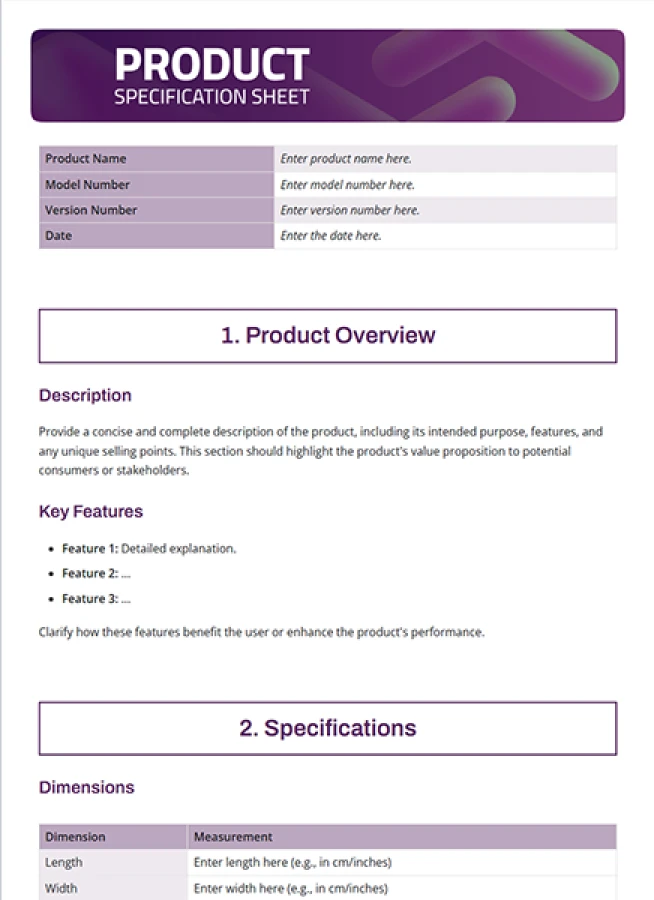 product specification fact sheet