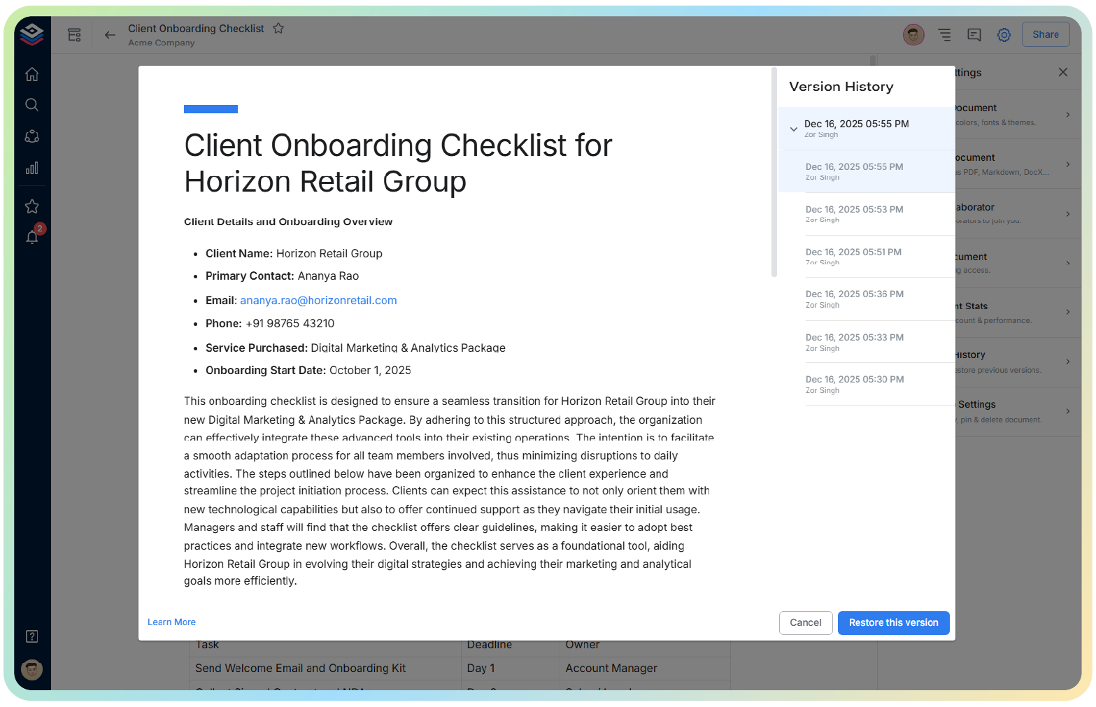 version history in client onboarding checklist