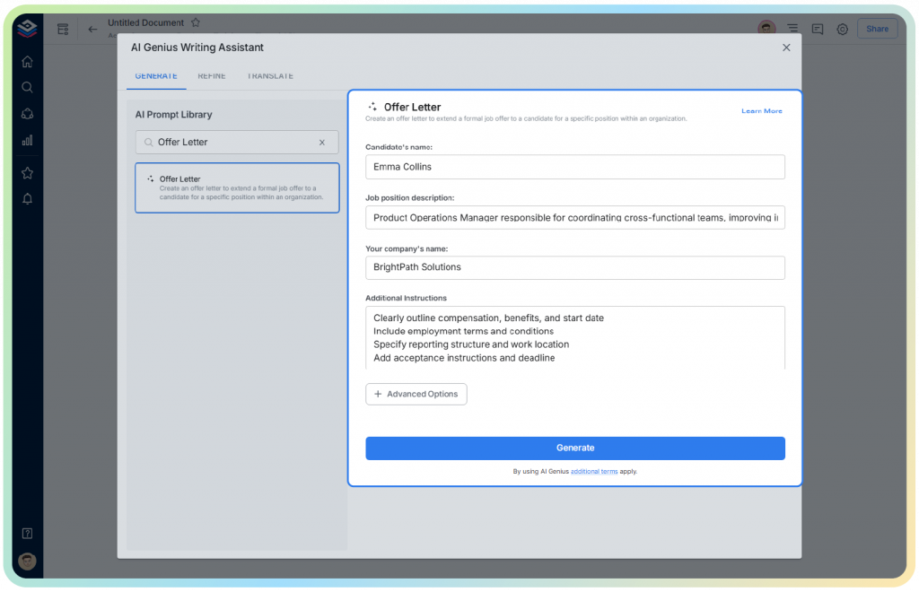 enter specific details in a generator