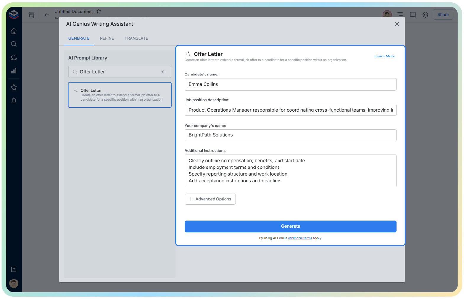 enter specific details in a generator