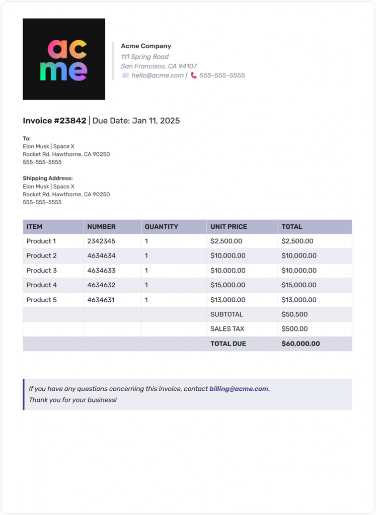 preview of invoice template