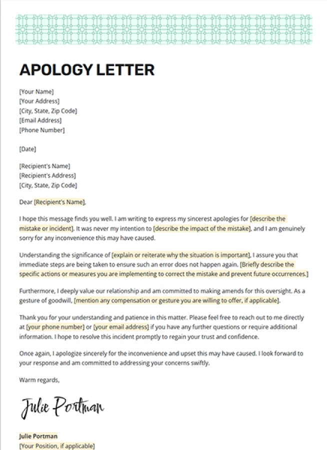 apology letter template