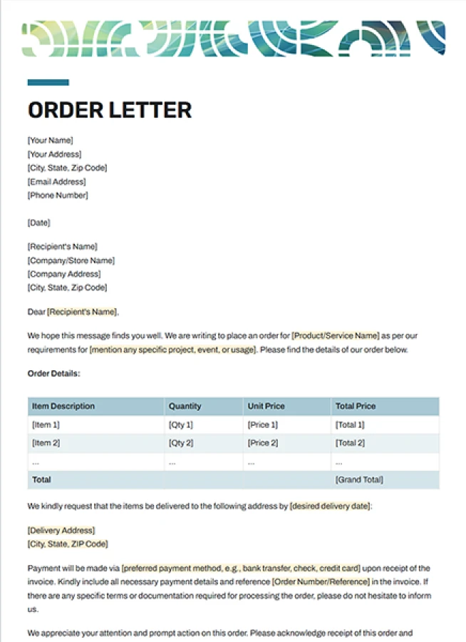 order letter template