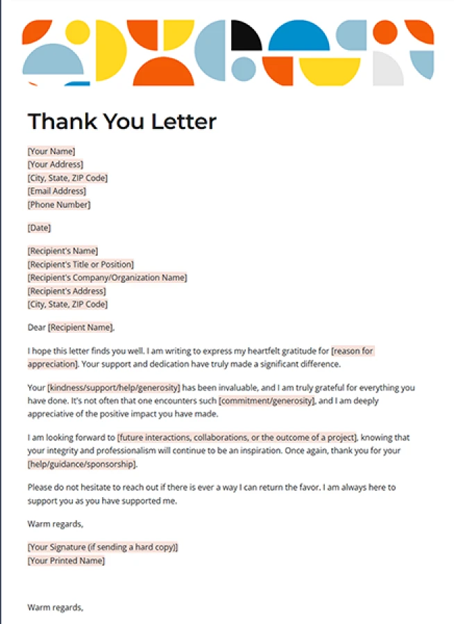 thank you letter template