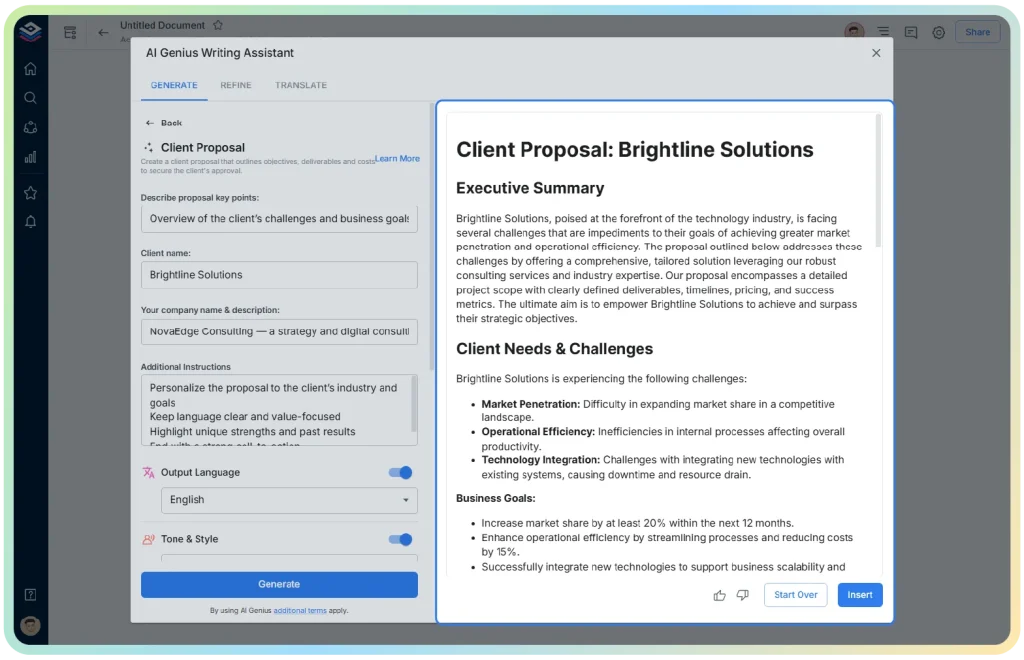  Review the draft and click "Insert" to finalize your document